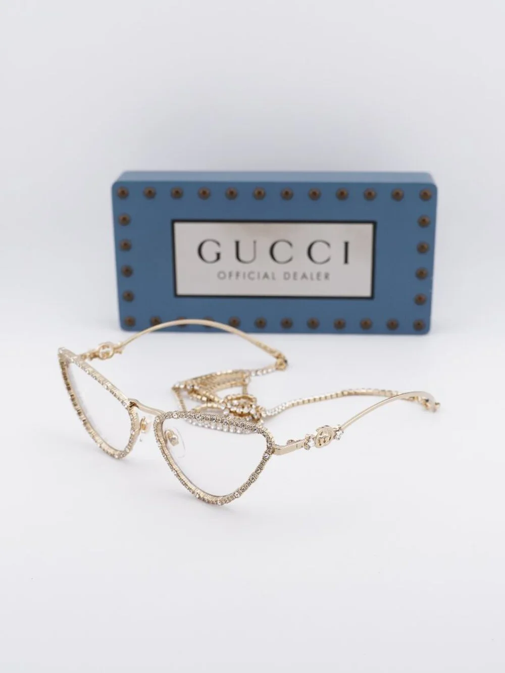 Gucci GG1569S 002 Cat Eye Sunglasses - Gold with White Stone / Brown